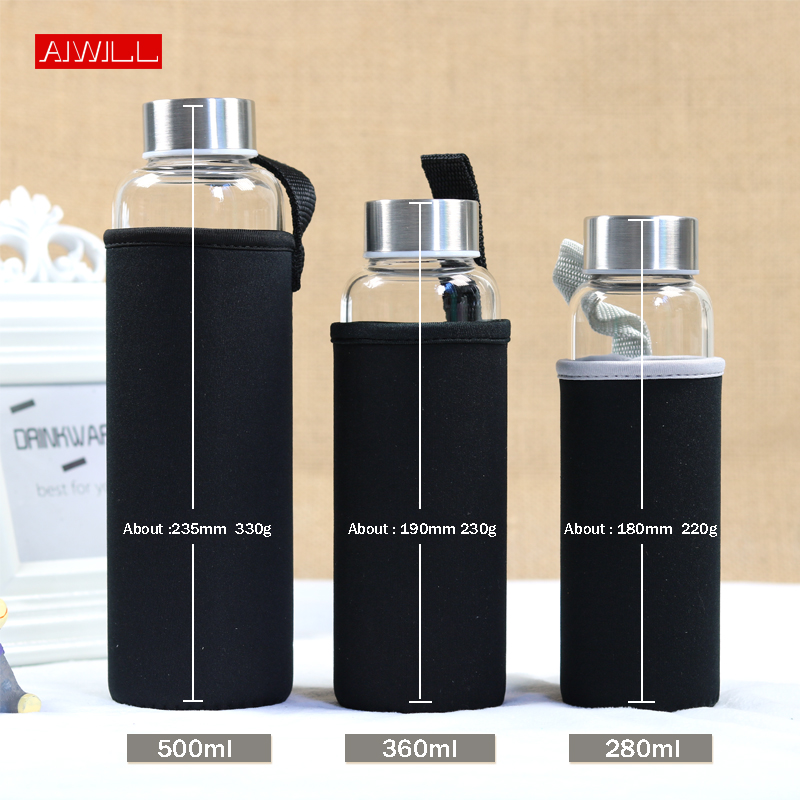 Aiwill-保護バッグ付きスポーツグラスボトル,280ml - Outdoor Sport Glass Water Bottle のレビューと価格